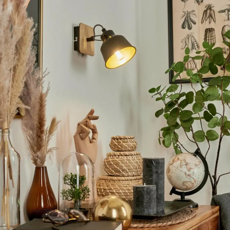 Lampes Dorées-hofstein Applique murale Safari Chrome, Bois clair, Noir, 1 lumière