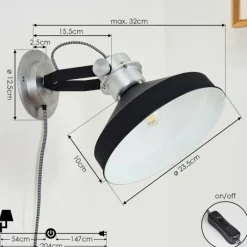 Lampes Industrielles-hofstein Applique murale Chara Noir, Argenté, 1 lumière