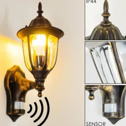 Luminaires Rustiques-hofstein Applique murale d'extérieur Ribadeo Noir doré, 1 lumière, Détecteur de mouvement