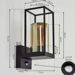 Suspension Verre Fumé-hofstein Applique murale d'extérieur Palanga Noir, 1 lumière, Détecteur de mouvement