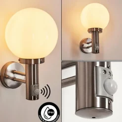 Lampes Vintages & Rétros-hofstein Applique murale d'extérieur Napaskiak Nickel mat, 1 lumière, Détecteur de mouvement