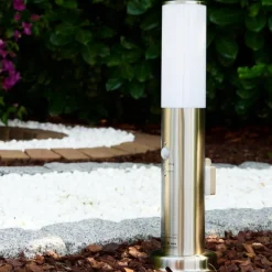 hofstein Caserta Lampadaire, Eclairage de chemin Acier inoxydable, 1 lumière, Détecteur de mouvement