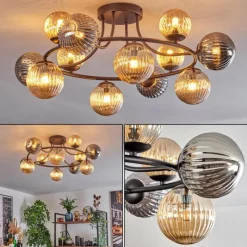 hofstein Chehalis Plafonnier, Boule lumineuse Ambre, Fumé, 12 lumières