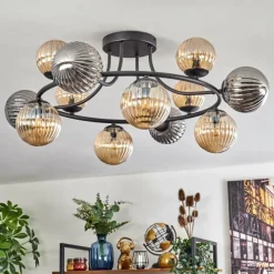 hofstein Chehalis Plafonnier, Boule lumineuse Ambre, Fumé, 12 lumières