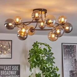 hofstein Chehalis Plafonnier, Boule lumineuse 76 cm Ambre, Fumé, 12 lumières