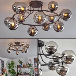 hofstein Chehalis Plafonnier, Boule lumineuse 76 cm Chrome, Fumé, 12 lumières