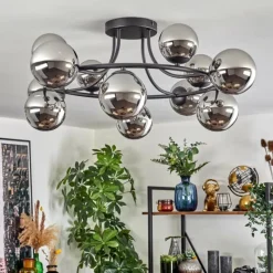 hofstein Chehalis Plafonnier, Boule lumineuse 76 cm Chrome, Fumé, 12 lumières