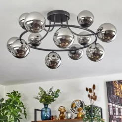 hofstein Chehalis Plafonnier, Boule lumineuse 76 cm Chrome, Fumé, 12 lumières