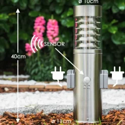 hofstein Dakar Borne lumineuse, Lampadaire Acier inoxydable, 1 lumière, Détecteur de mouvement