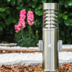 hofstein Dakar Borne lumineuse, Lampadaire Acier inoxydable, 1 lumière, Détecteur de mouvement