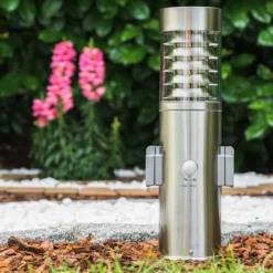 hofstein Dakar Borne lumineuse, Lampadaire Acier inoxydable, 1 lumière, Détecteur de mouvement