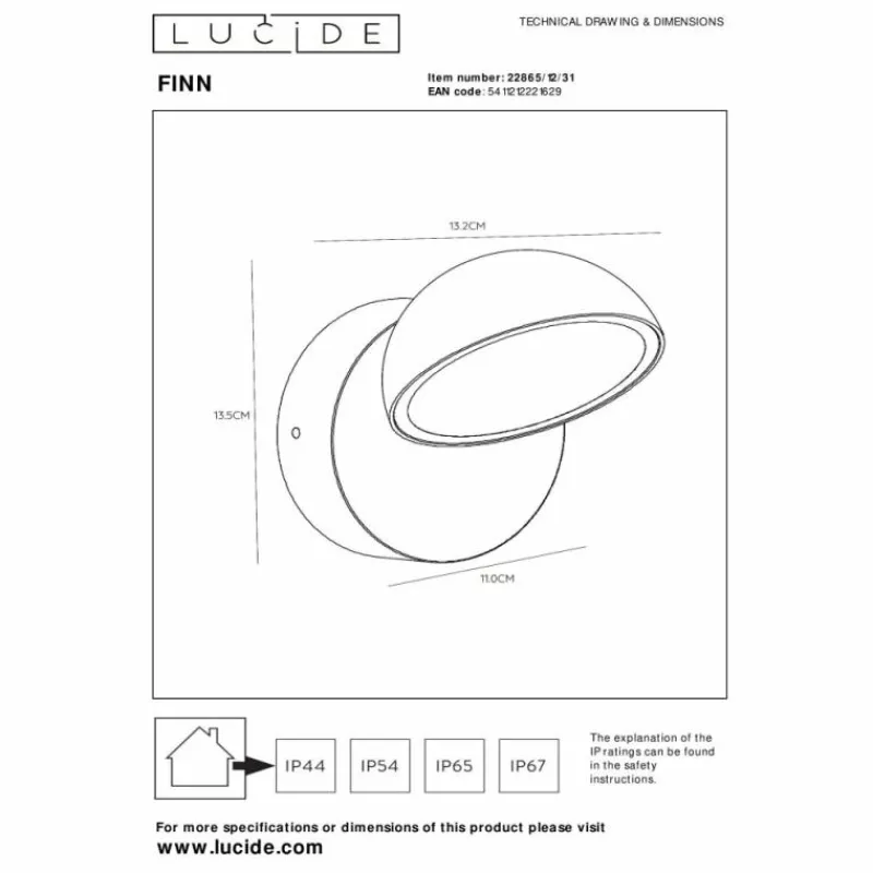 Luminaires Lucide FINN Lampe murale d´extérieur LED Blanc, 1 lumière, Détecteur de mouvement