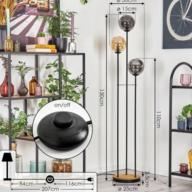 Suspension Verre Fumé-hofstein Gastor Lampadaire 30 cm Bois foncé, Noir, 3 lumières