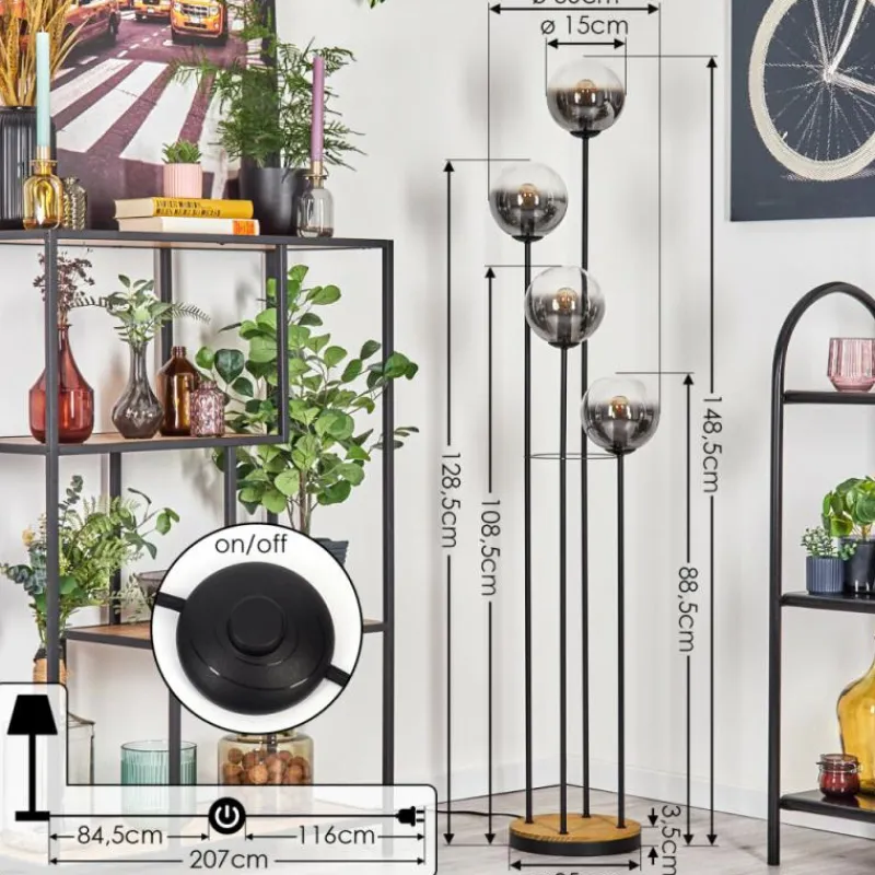 Suspension Verre Fumé-hofstein Gastor Lampadaire 30 cm Bois foncé, Noir, 4 lumières