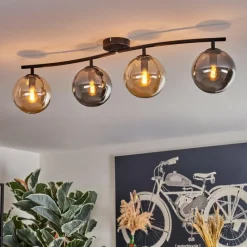 hofstein Gastor Plafonnier, Boule lumineuse Ambre, Fumé, 4 lumières