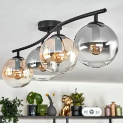 hofstein Gastor Plafonnier, Boule lumineuse Ambre, Clair, Fumé, 4 lumières