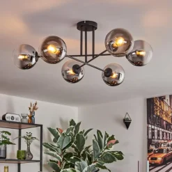 Suspension Verre Fumé-hofstein Gastor Plafonnier, Boule lumineuse 80 cm Chrome, Clair, Fumé, 6 lumières