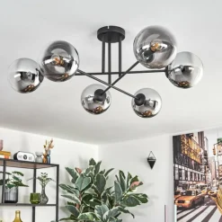 Suspension Verre Fumé-hofstein Gastor Plafonnier, Boule lumineuse 80 cm Chrome, Clair, Fumé, 6 lumières