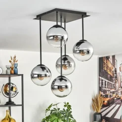 Suspension Verre Fumé-hofstein Gastor Plafonnier, Boule lumineuse Chrome, Clair, Fumé, 5 lumières
