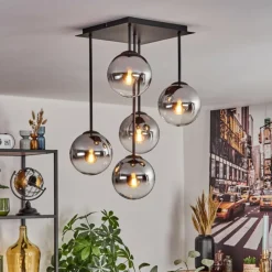 Suspension Verre Fumé-hofstein Gastor Plafonnier, Boule lumineuse Chrome, Clair, Fumé, 5 lumières