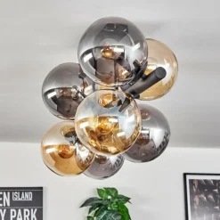 hofstein Gastor Plafonnier, Boule lumineuse Ambre, Fumé, 8 lumières