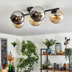 hofstein Gastor Plafonnier, Boule lumineuse Ambre, Chrome, Fumé, 5 lumières