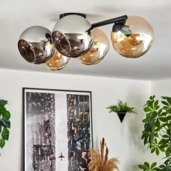 hofstein Gastor Plafonnier, Boule lumineuse Ambre, Chrome, Fumé, 5 lumières