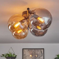 hofstein Gastor Plafonnier, Boule lumineuse Ambre, Fumé, 4 lumières