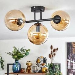 hofstein Gastor Plafonnier, Boule lumineuse Ambre, 3 lumières