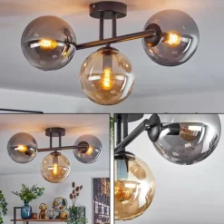 hofstein Gastor Plafonnier, Boule lumineuse Ambre, Fumé, 3 lumières