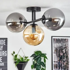 hofstein Gastor Plafonnier, Boule lumineuse Ambre, Fumé, 3 lumières