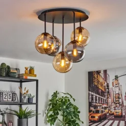 Suspension Verre Fumé-hofstein Gastor Plafonnier, Boule lumineuse 45 cm Ambre, Fumé, 5 lumières