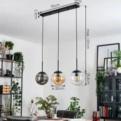 hofstein Gastor Suspension, Boule lumineuse Ambre, Clair, Fumé, 3 lumières