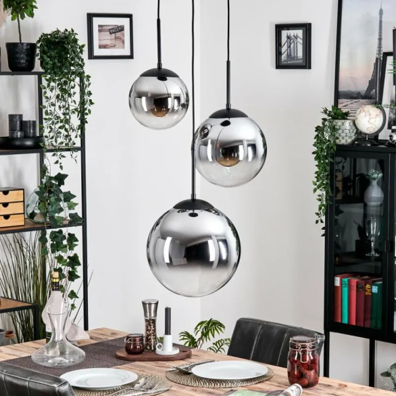 Suspension Verre Fumé-hofstein Gastor Suspension, Boule lumineuse Chrome, Fumé, 3 lumières