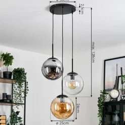 hofstein Gastor Suspension, Boule lumineuse Ambre, Clair, Fumé, 3 lumières