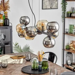 hofstein Gastor Suspension, Boule lumineuse, Suspension Ambre, Chrome, Fumé, 10 lumières