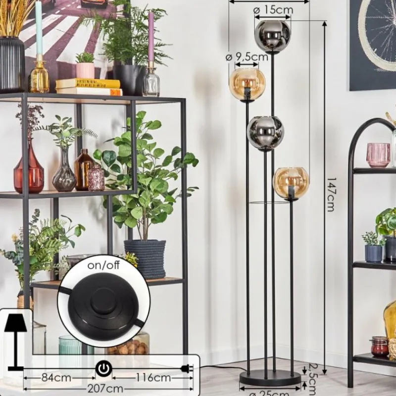 hofstein Koyoto Lampadaire 30 cm Ambre, Chrome, Fumé, 4 lumières