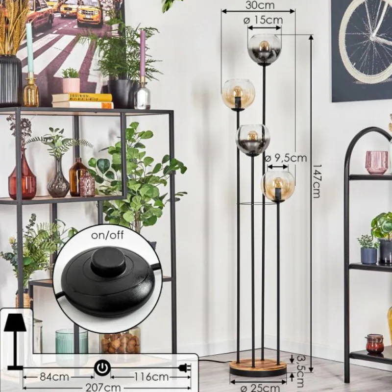 hofstein Koyoto Lampadaire 30 cm Bois clair, Noir, 4 lumières