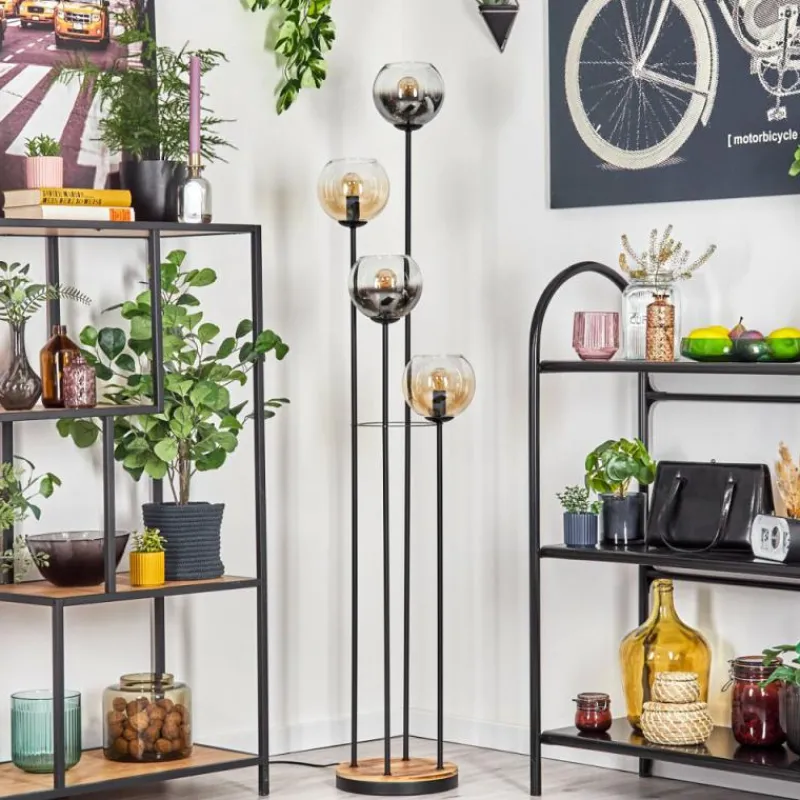 hofstein Koyoto Lampadaire 30 cm Bois clair, Noir, 4 lumières