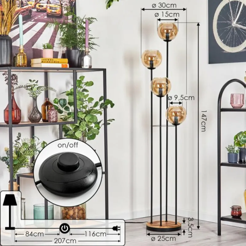 hofstein Koyoto Lampadaire 30 cm Bois clair, Noir, 4 lumières