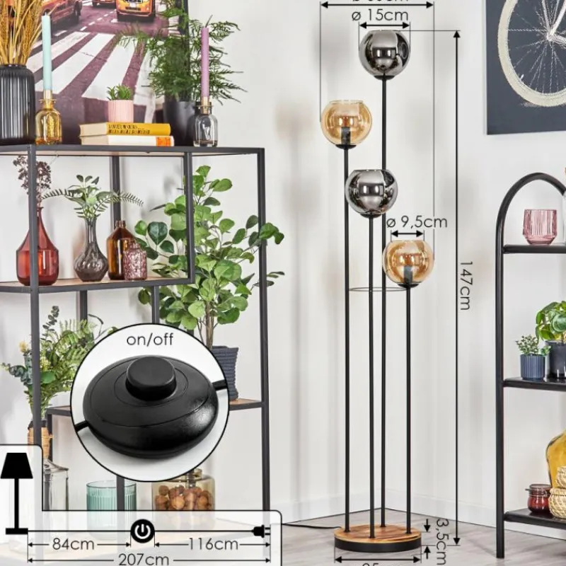 hofstein Koyoto Lampadaire 30 cm Bois clair, Noir, 4 lumières