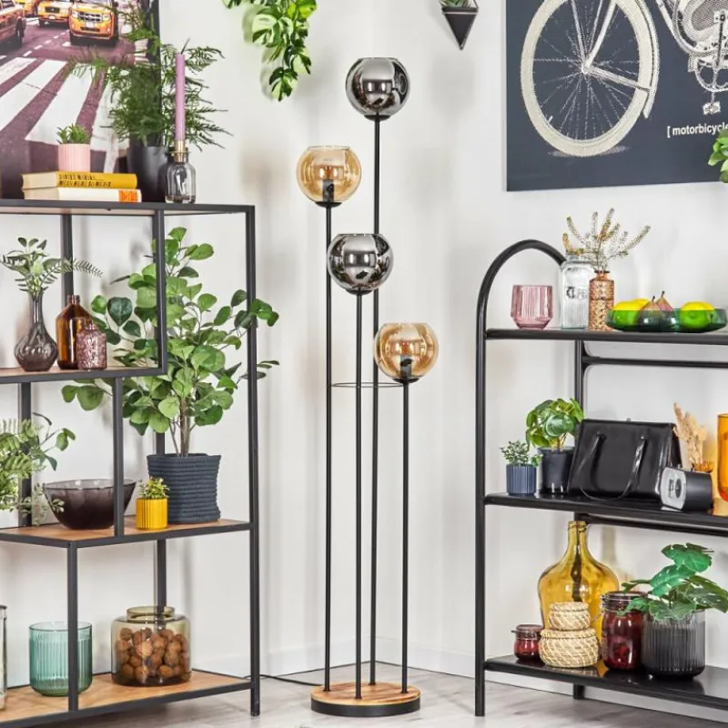 hofstein Koyoto Lampadaire 30 cm Bois clair, Noir, 4 lumières