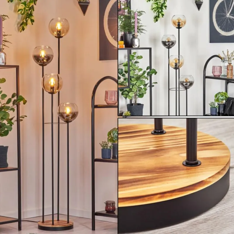 hofstein Koyoto Lampadaire 30 cm Bois clair, Noir, 4 lumières