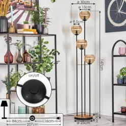 hofstein Koyoto Lampadaire 30 cm Bois clair, Noir, 4 lumières