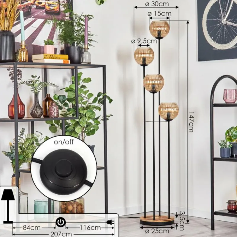 hofstein Koyoto Lampadaire 30 cm Bois clair, Noir, 4 lumières