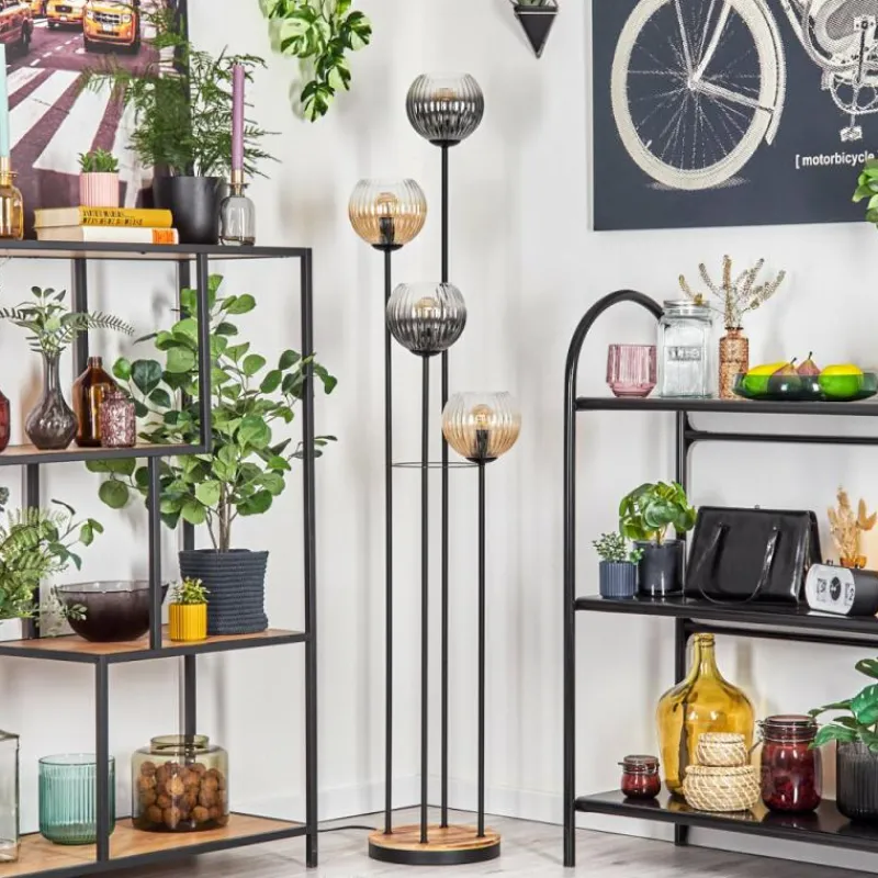 hofstein Koyoto Lampadaire 30 cm Bois clair, Noir, 4 lumières