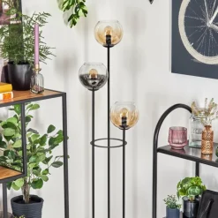 Suspension Verre Fumé-hofstein Koyoto Lampadaire 30 cm Bois clair, Noir, 3 lumières
