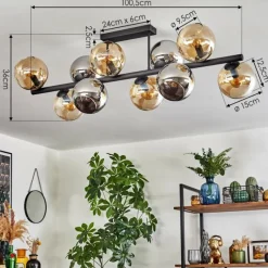 hofstein Koyoto Plafonnier, Boule lumineuse Ambre, Chrome, Fumé, 10 lumières