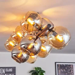 hofstein Koyoto Plafonnier, Boule lumineuse Ambre, Chrome, Fumé, 10 lumières