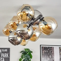hofstein Koyoto Plafonnier, Boule lumineuse Ambre, Chrome, Fumé, 10 lumières